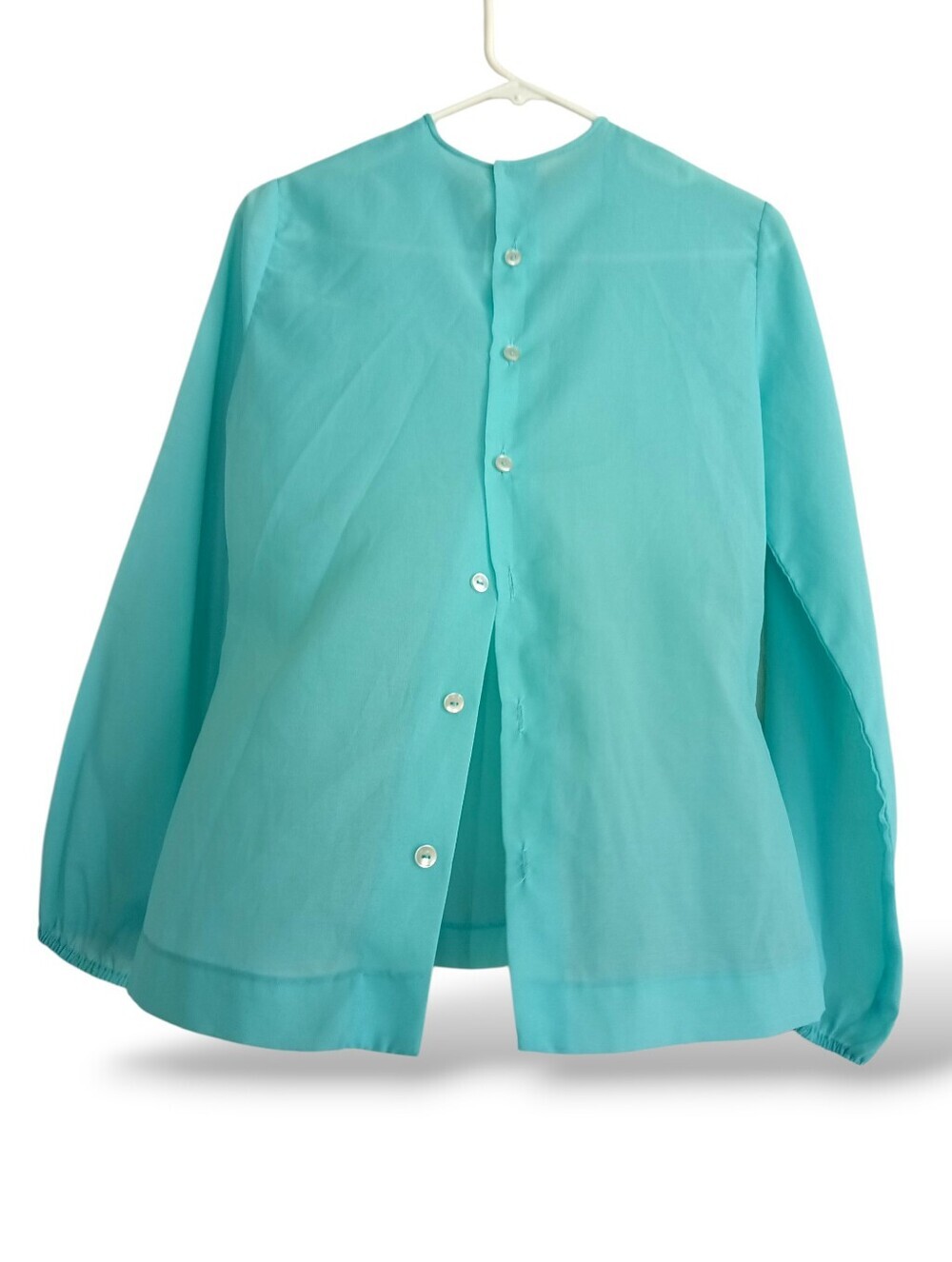 Judy Bond Aqua Blouse High Neck Sheer Button Down Back Turquoise Medium